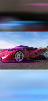 Sleek red sports car on an open road with a bright sky backdrop.