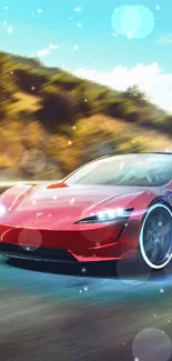 Red sports car speeding on a scenic road