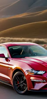 Sleek red sports car on a scenic road with hills in the background.