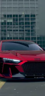 Sleek red sports car with city backdrop.