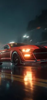 Sleek red sports car speeding on rainy night.