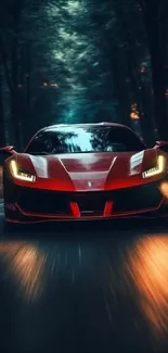 Red sports car driving at night through a forest.
