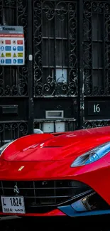 A striking red sports car parked on a city street.