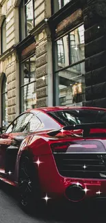 Red sports car parked in urban setting, sleek and luxurious.