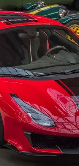 Red sports car with sleek design parked indoors.