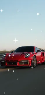 Red sports car on a road with stars.