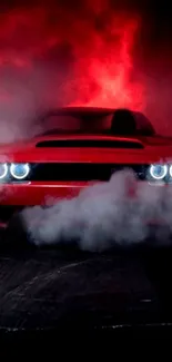 A red sports car drives through thick smoke in a dramatic mobile wallpaper.