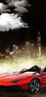 Red supercar with city skyline at night.