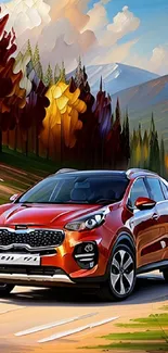 Red SUV driving through scenic autumn landscape.