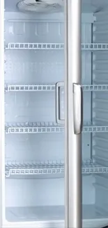 Modern refrigerator with metal shelves.