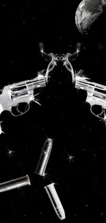 Black and white wallpaper with revolvers and bullets in space.