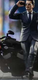 Man in a suit leans on a black motorcycle, urban background.