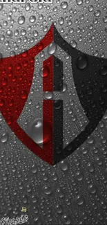 Red and black shield logo with water droplets on gray background.