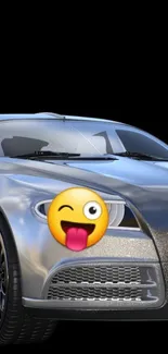 Sleek silver car with emoji on black background.