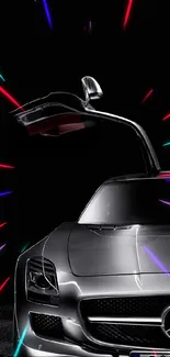 Sleek silver car with neon lights on a black background mobile wallpaper.