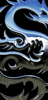 Sleek silver dragon on black background, metallic art wallpaper.