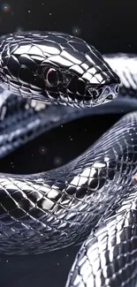 A sleek metallic snake with shiny scales on a dark background.