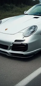 Sleek silver sports car on a scenic road.