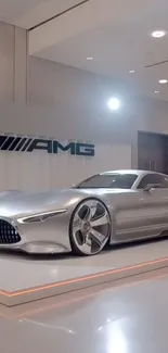 Sleek silver sports car displayed in a modern showroom, embodying luxury and style.