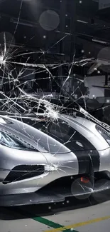 Silver sports car in a modern garage setting.