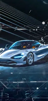 Sleek silver sports car on a stylish blue background.