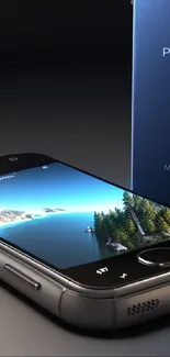 Sleek smartphone with serene landscape on display.