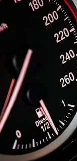 Close-up of a speedometer showing high speeds on a sleek car dashboard.