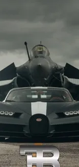 Sleek black sports car parked in front of a modern fighter jet.