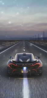 Sleek sports car on an open road at dusk with dramatic skies.