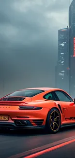 Red sports car at night with glowing city skyline in the background.