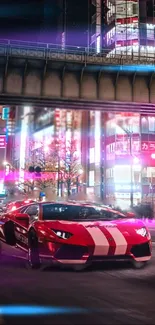 Sleek sports car under neon city lights at night.