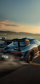 Sleek sports car racing at sunset on an empty road.
