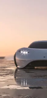 Sleek sports car with headlights on at sunset over water.