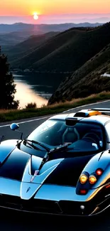 Sleek sports car driving at sunset on a winding road.