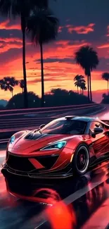 Sleek sports car under a fiery sunset with palm trees.