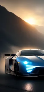 Sleek sports car with glowing lights at sunset on a scenic mountain road.