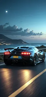 Sleek sports car driving along a coastal highway at dusk with ocean view.