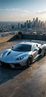 Sleek sports car on rooftop with city skyline at sunset.