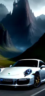 Sleek sports car on a road with mountains in the background, under dramatic skies.