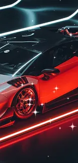 Sleek sports car with red neon glow in a dynamic wallpaper.