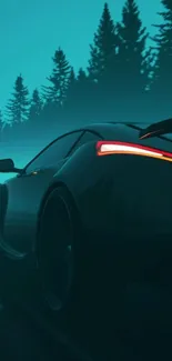 Sleek sports car driving through a misty forest at night.