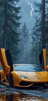 Yellow sports car in a misty forest with lightning overhead.