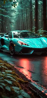 Sleek teal sports car on a forest road, with glowing headlights.