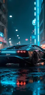 Sleek sports car in neon-lit city street at night.