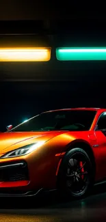 Sleek orange sports car under neon lights in dark garage.