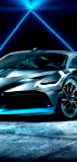 Sleek sports car illuminated by blue neon lights in a sold-out setting.