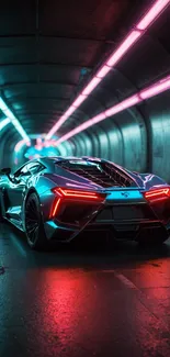 Sleek sports car illuminated by neon lights in a futuristic tunnel.