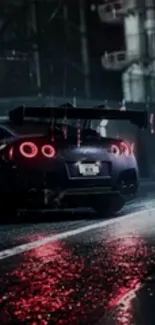 Sports car with red lights in rainy city nightscape.