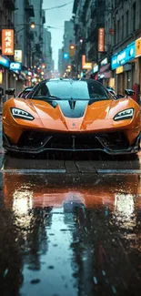 Orange sports car on rainy urban street at night.