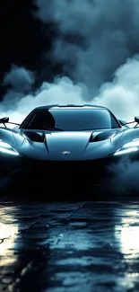 Sleek sports car with smoky background at night.